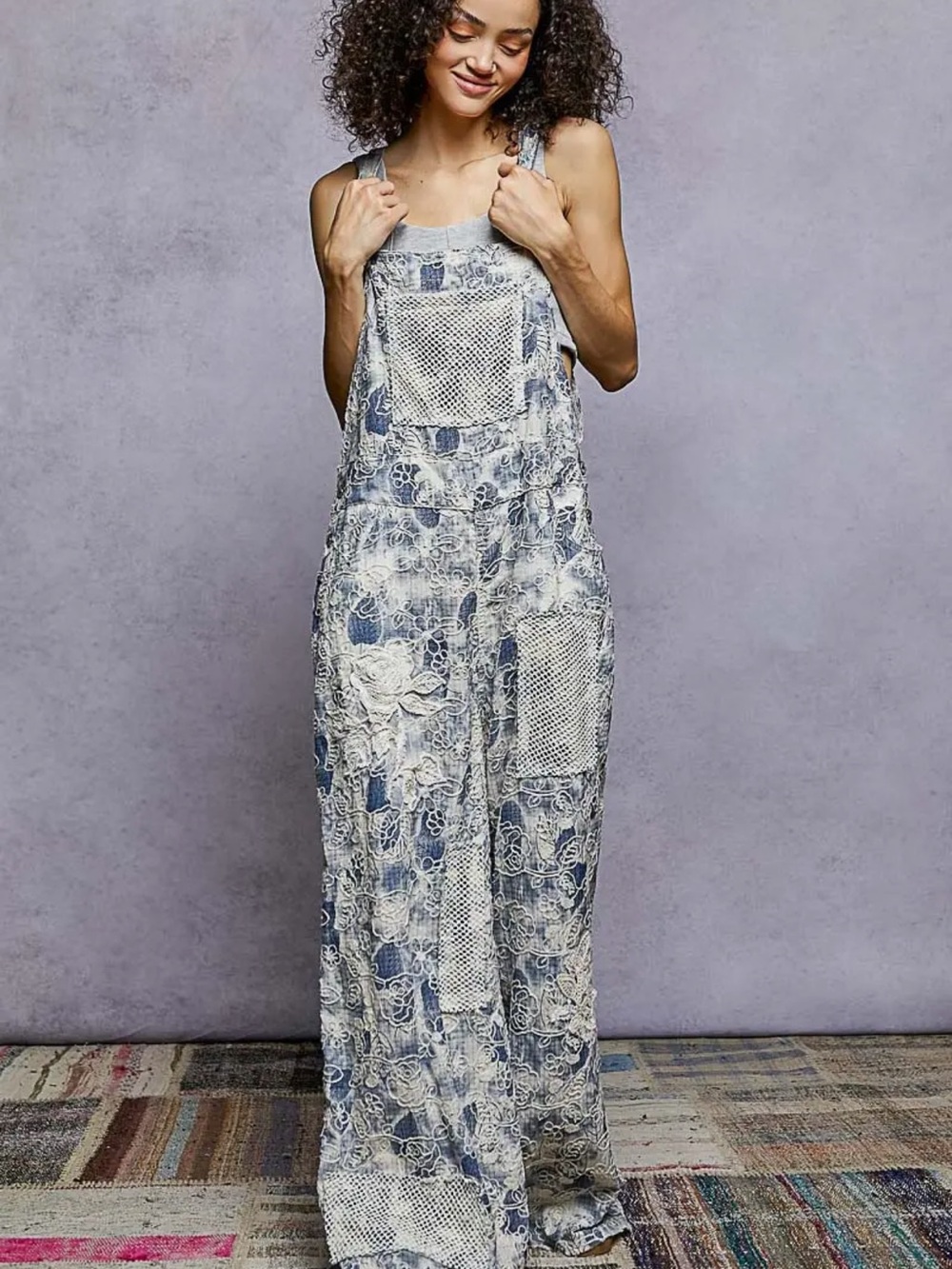 POL Blue and White Women's Lace Patchwork Overalls